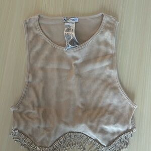 Zara Beige Crop Top with Beaded Fringe